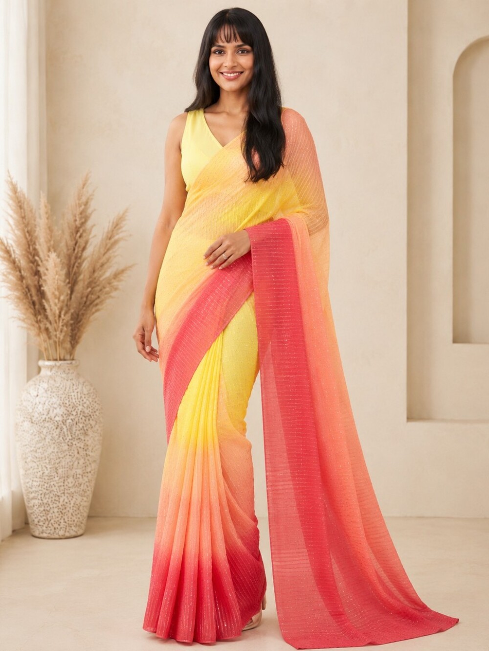 Multicolor Georgette Saree & Stitched Blouse-yellow